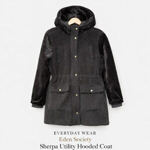 Sherpa Utility Hooded Coat Black Teddy Faux Fur Sleeve Cinch Waist Parka S